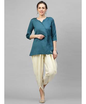 Indo Era Teal Solid A-Line Kurta with Dhoti Pant Set 1