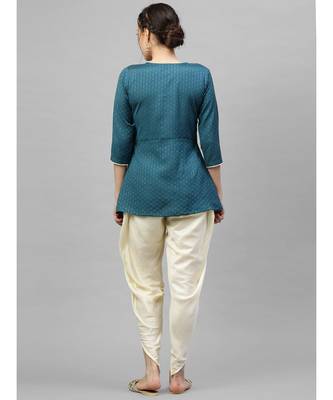 Indo Era Teal Solid A-Line Kurta with Dhoti Pant Set 2