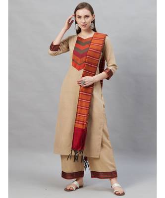 Indo Era Beige Solid Straight Kurta Palazzo with Dupatta Sets 1