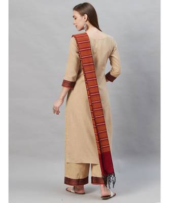 Indo Era Beige Solid Straight Kurta Palazzo with Dupatta Sets 2