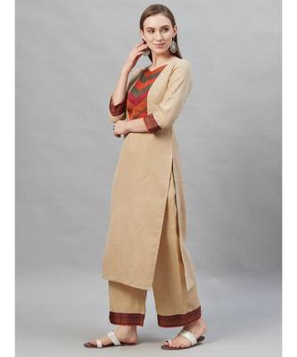 Indo Era Beige Solid Straight Kurta Palazzo with Dupatta Sets 3