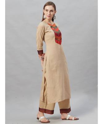 Indo Era Beige Solid Straight Kurta Palazzo with Dupatta Sets 4