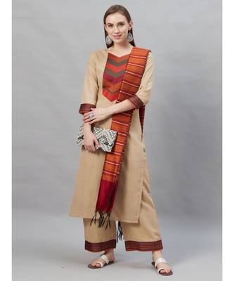 Indo Era Beige Solid Straight Kurta Palazzo with Dupatta Sets 5