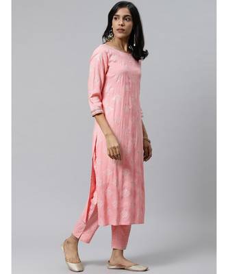 Indo Era Pink Foil Printed Straight Kurta with Pant Set 3