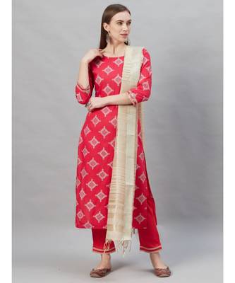 Indo Era Pink Foil Printed Straight Kurta with Pant Set 1