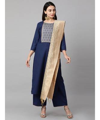 Indo Era Navy Blue Solid Straight Kurta Palazzo with Dupatta Set 1