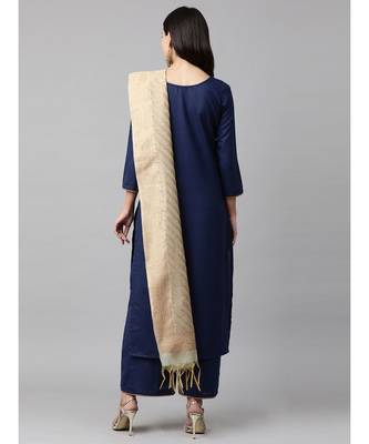 Indo Era Navy Blue Solid Straight Kurta Palazzo with Dupatta Set 2