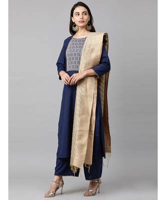Indo Era Navy Blue Solid Straight Kurta Palazzo with Dupatta Set 3