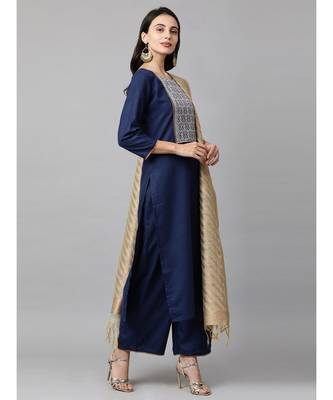 Indo Era Navy Blue Solid Straight Kurta Palazzo with Dupatta Set 4