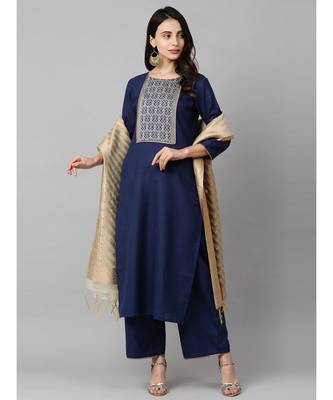 Indo Era Navy Blue Solid Straight Kurta Palazzo with Dupatta Set 5
