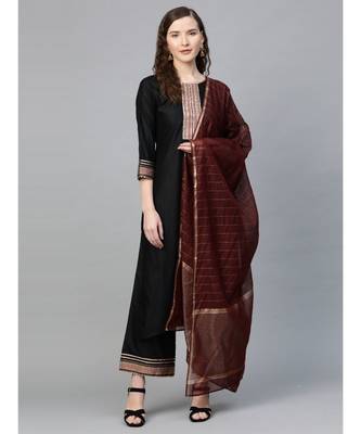 Indo Era Black Solid Straight Kurta Palazzo with Dupatta Set 1