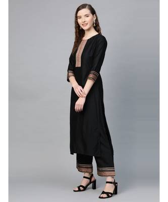 Indo Era Black Solid Straight Kurta Palazzo with Dupatta Set 3