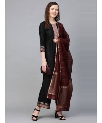 Indo Era Black Solid Straight Kurta Palazzo with Dupatta Set 4