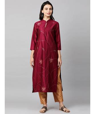 Indo Era Magenta Embroidered Straight Kurta with Trouser Set 1