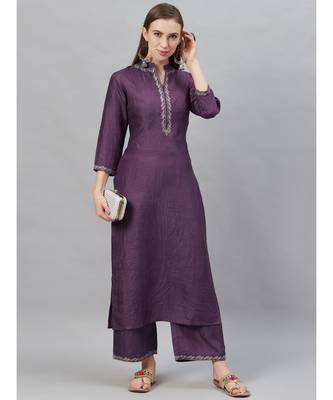 Indo Era Purple Embroidered Straight Kurta with Palazzo Set 1