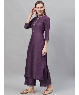 Indo Era Purple Embroidered Straight Kurta with Palazzo Set 4