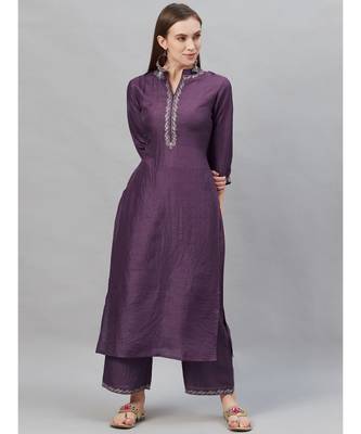 Indo Era Purple Embroidered Straight Kurta with Palazzo Set 5