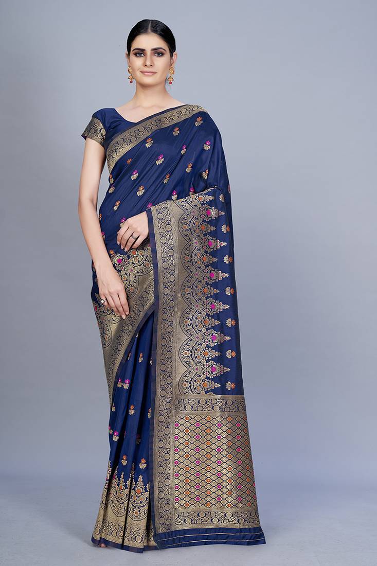Navy blue woven art silk saree saree with blouse