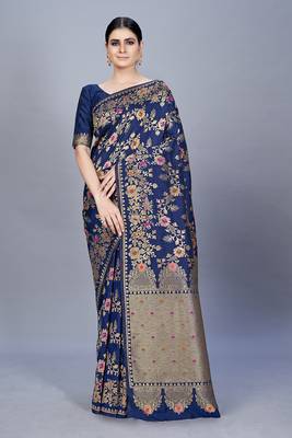 Navy blue woven art silk saree saree with blouse 1