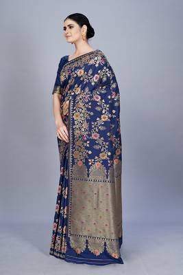 Navy blue woven art silk saree saree with blouse 2