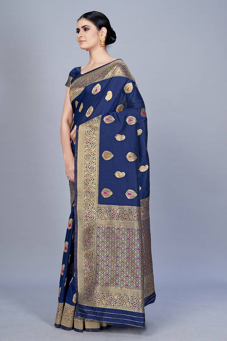 Navy blue woven art silk saree saree with blouse