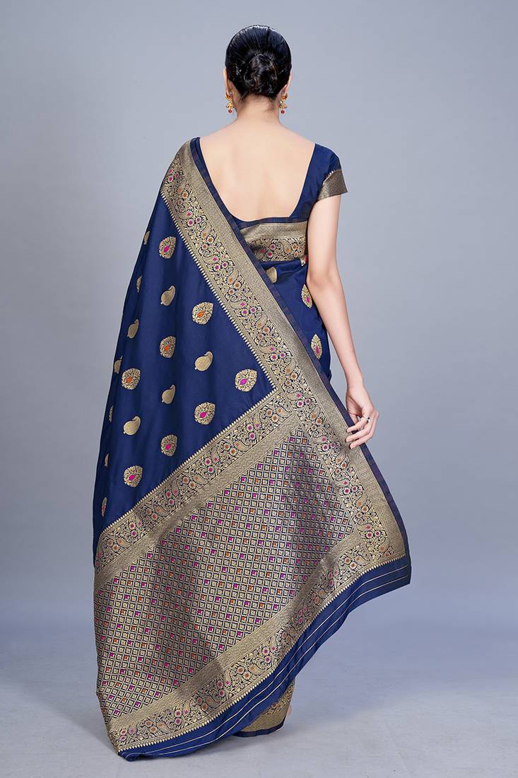 Navy blue woven art silk saree saree with blouse