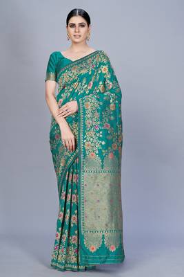Teal woven art silk saree saree with blouse 1