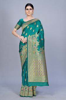 Teal woven art silk saree saree with blouse