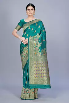 Teal woven art silk saree saree with blouse