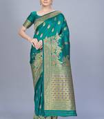 Teal woven art silk saree saree with blouse