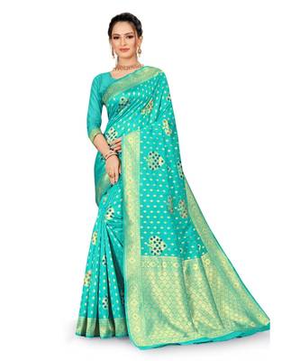 Women's Teal Art Silk Banarasi Saree With Blouse Piece 1