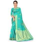 Women's Teal Art Silk Banarasi Saree With Blouse Piece