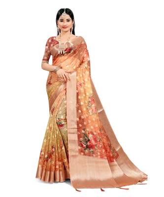Women's Orange Organza Banarasi Saree With Blouse Piece 1
