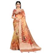 Women's Orange Organza Banarasi Saree With Blouse Piece