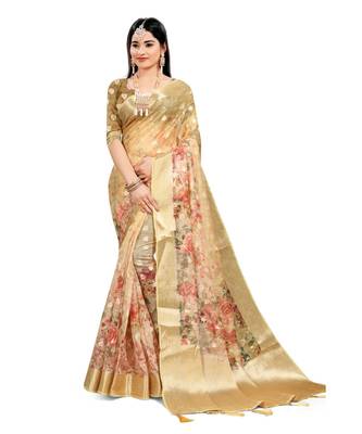 Women's Yellow Organza Banarasi Saree With Blouse Piece 1