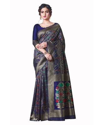 blue woven jacquard saree with blouse 1