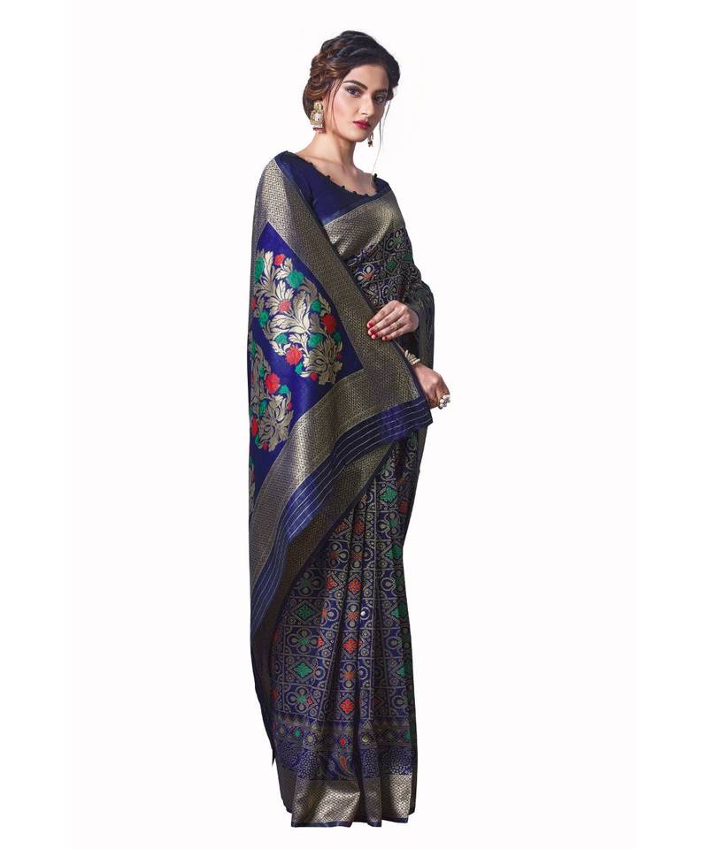 blue woven jacquard saree with blouse
