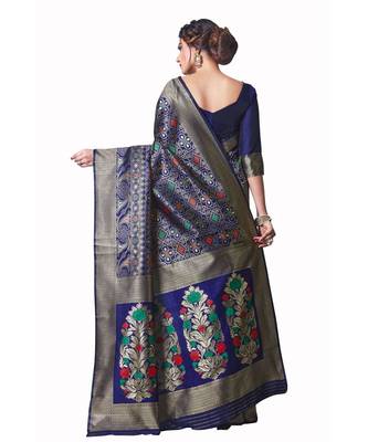 blue woven jacquard saree with blouse 3