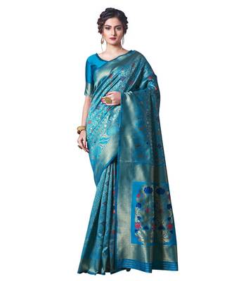 turquoise woven jacquard saree with blouse 1