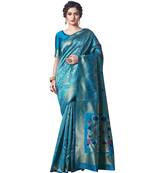 turquoise woven jacquard saree with blouse