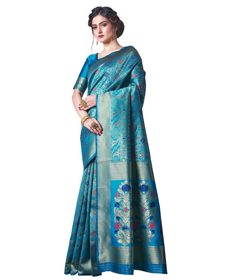 turquoise woven jacquard saree with blouse