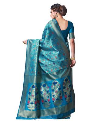 turquoise woven jacquard saree with blouse 3