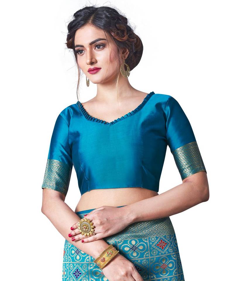 turquoise woven jacquard saree with blouse