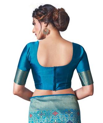 turquoise woven jacquard saree with blouse 5