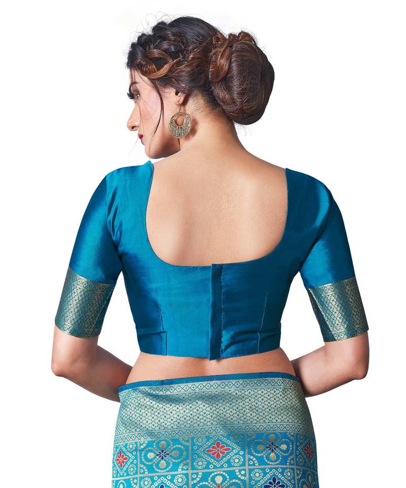 turquoise woven jacquard saree with blouse