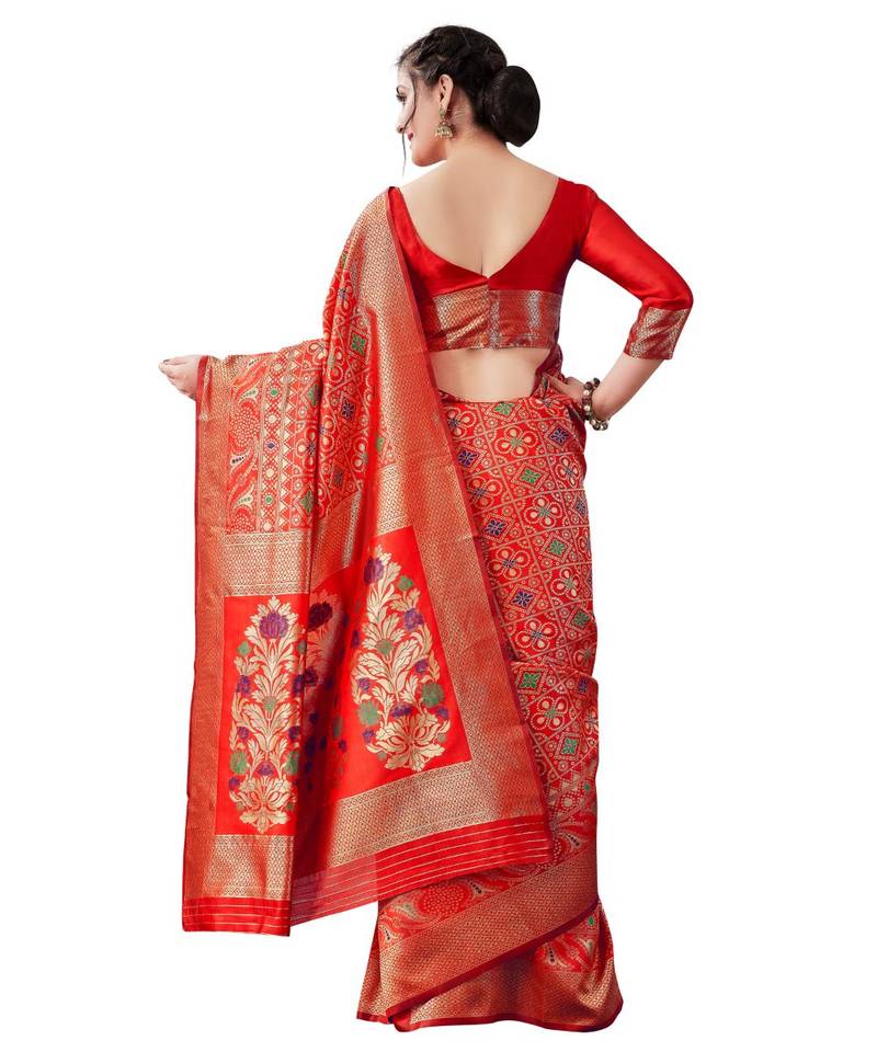 red woven jacquard saree with blouse
