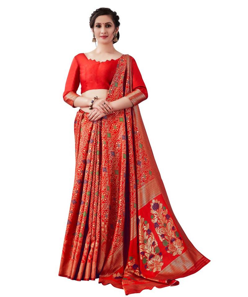 red woven jacquard saree with blouse