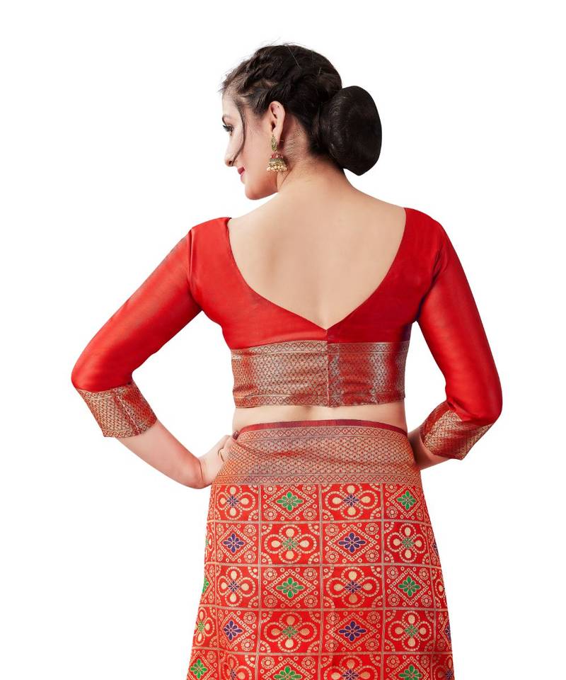 red woven jacquard saree with blouse