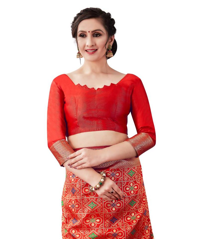 red woven jacquard saree with blouse