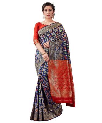 blue woven jacquard saree with blouse 1